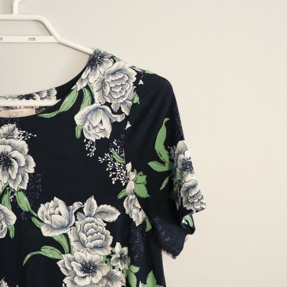 Loft Women's MP Blue Floral Short Sleeve Midi Stretch Crewneck Dress - Picture 5 of 9